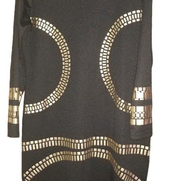Black Midi Dress with Gold Decorative Design | Size XL | Stretch Fabric - Picture 5 of 15